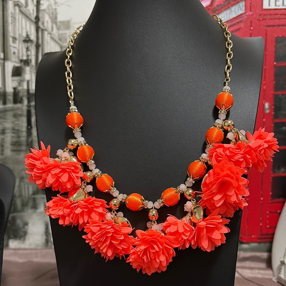 Lilly Pulitzer Tangero Orange Fabric Dangle Flowers Pink Beaded Long Necklace